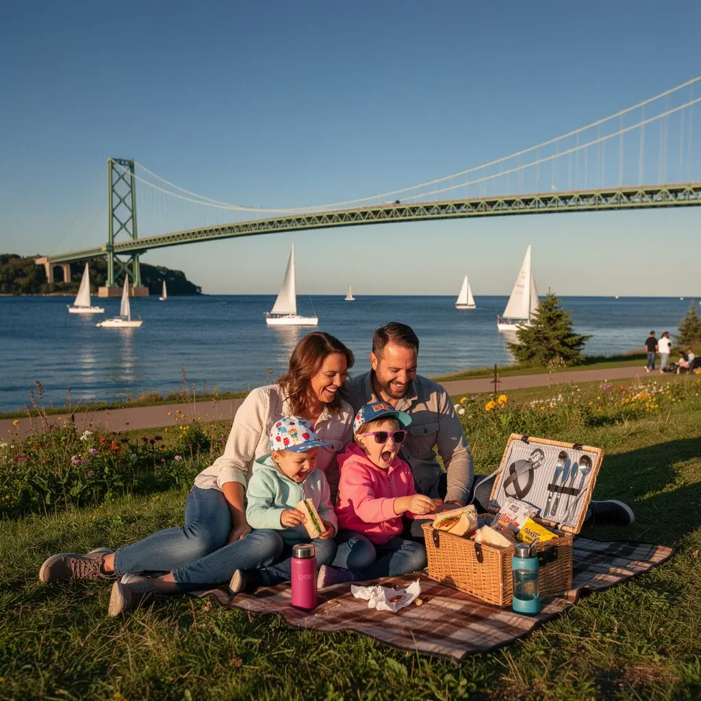 Пешеходы наслаждаются прогулкой по мосту, окруженному живописными пейзажами.