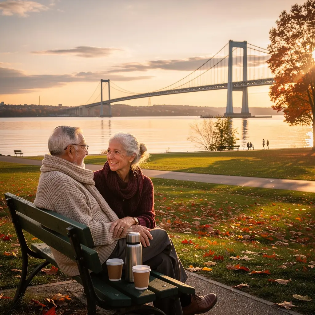 Пешеходы наслаждаются прогулкой по мосту, окруженному зелеными деревьями.