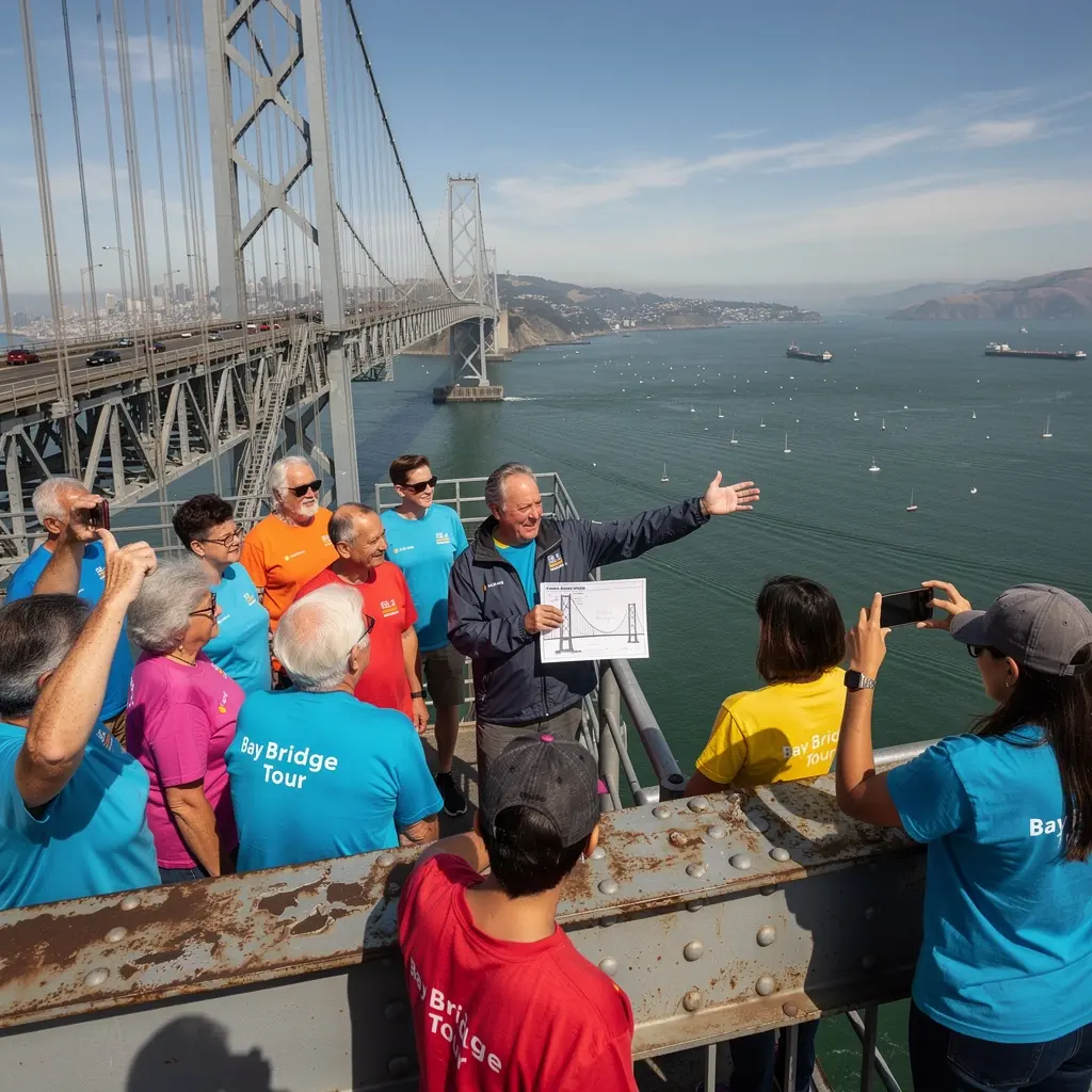 Сцена пересечения моста с автомобилями и пешеходами в движении.