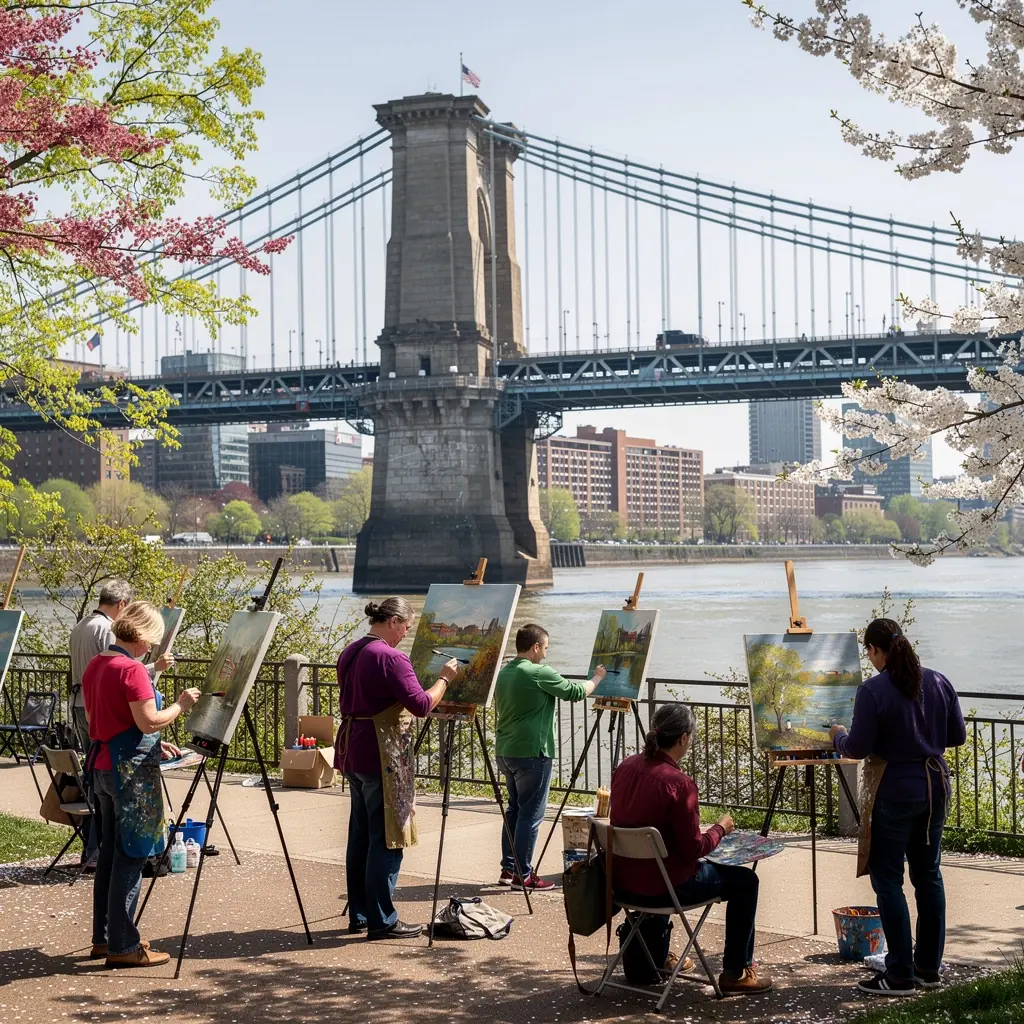 Группа туристов, наслаждающихся прогулкой по мосту и фотографирующих окружающий пейзаж.
