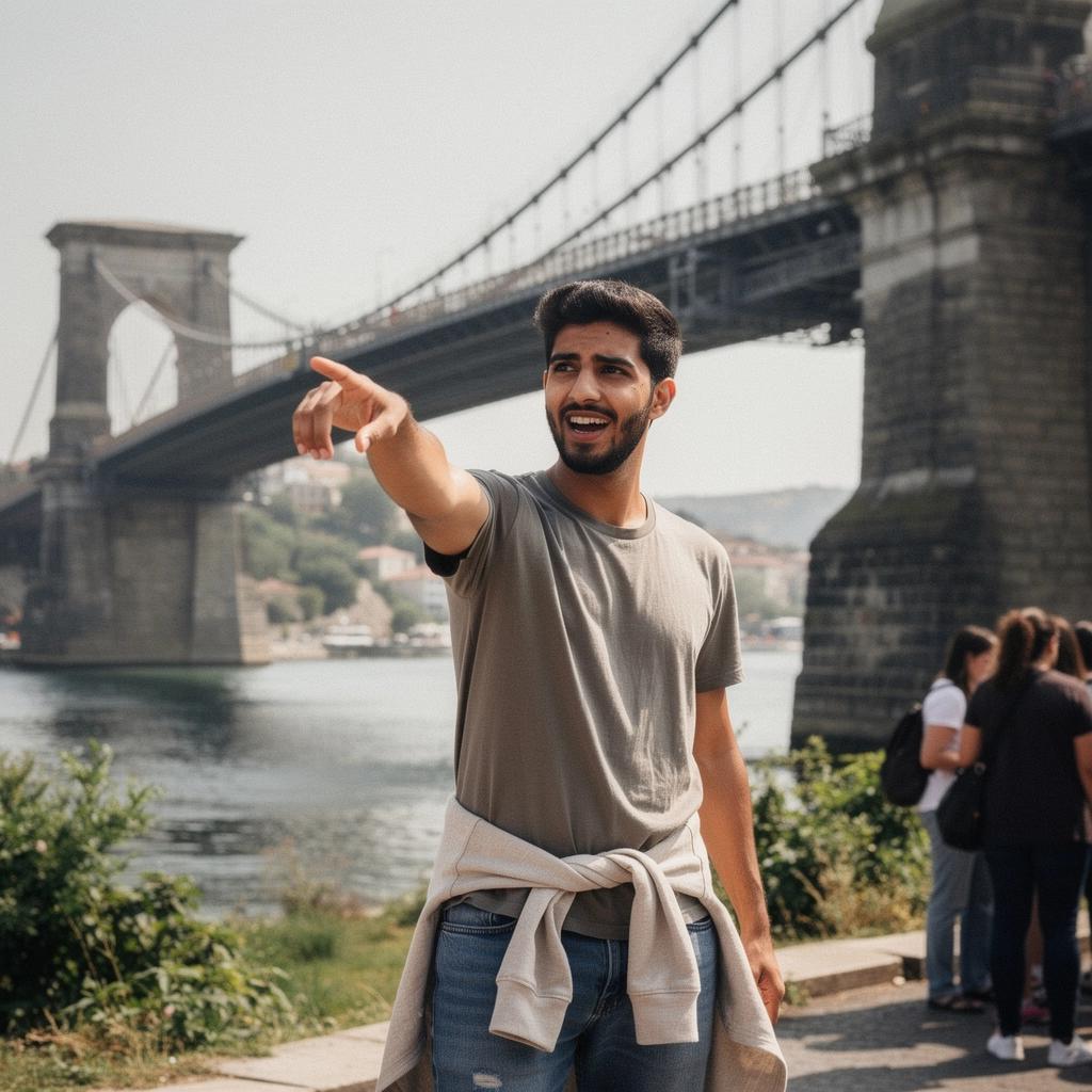 Туристы фотографируются на мосту с красивым видом на реку.